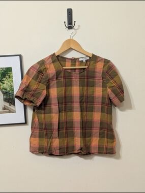 Madewell Olive & Pink Plaid Short Sleeve Top